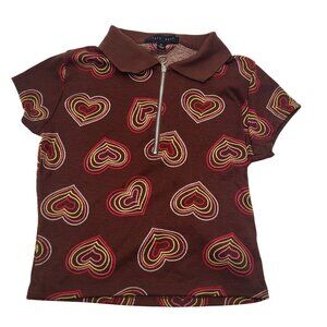 FADED ROSE Women's Small Crop Top Polo 1/4 Zip Hearts Twee Y2K Brown